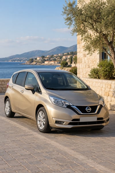 KI-Illustration eines champagnergoldenen Nissan Note an der Mittelmeerk&uuml;ste; kein Foto eines bestimmten Mietwagens.